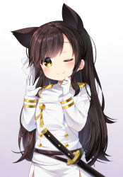 Rule 34 | 1girl, ;), aged down, animal ears, atago (azur lane), azur lane, blush, bow, brown eyes, brown hair, cat ears, closed mouth, commentary, dog ears, gloves, gradient background, hair bow, hands up, head tilt, ikazu401, jacket, katana, long hair, long sleeves, looking at viewer, mole, mole under eye, one eye closed, pleated skirt, purple background, sheath, sheathed, skirt, sleeves past wrists, smile, solo, sword, very long hair, weapon, white background, white bow, white gloves, white jacket, white skirt