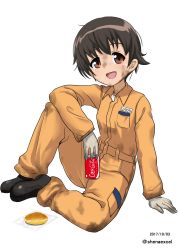 Rule 34 | 10s, 1girl, :d, arm support, black footwear, brown eyes, brown hair, can, coca-cola, commentary request, dated, dirty, dirty clothes, dirty face, drink can, food, full body, girls und panzer, gloves, highres, holding, holding can, jumpsuit, logo, long sleeves, looking at viewer, mechanic, nakajima (girls und panzer), one-hour drawing challenge, open mouth, orange jumpsuit, partial commentary, sandwich, shiina excel, shoes, short hair, simple background, sitting, smile, soda can, solo, sweatdrop, twitter username, uniform, white background, white gloves