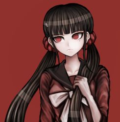 Rule 34 | 1girl, black hair, blunt bangs, closed mouth, collarbone, commentary request, danganronpa (series), danganronpa v3: killing harmony, hair ornament, hair scrunchie, hairclip, hand up, harukawa maki, highres, long hair, long sleeves, looking at viewer, low twintails, mole, mole under eye, official style, red background, red eyes, red scrunchie, red theme, sailor collar, school uniform, scrunchie, serafuku, shiromo ooo, shirt, simple background, smile, solo, twintails, upper body
