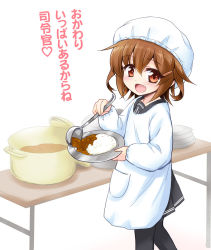 Rule 34 | 10s, 1girl, apron, blush, brown eyes, brown hair, comic, curry, curry rice, fang, food, hair ornament, hairclip, ikazuchi (kancolle), kantai collection, kappougi, marugoshi (54burger), open mouth, pantyhose, personification, rice, school uniform, serafuku, short hair, solo, standing, translated