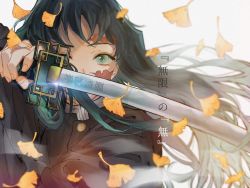 Rule 34 | 1boy, bad id, bad pixiv id, black hair, black jacket, blue eyes, blue hair, facial mark, falling leaves, fighting stance, ginkgo leaf, gradient hair, hacchan (kamaboko tai), highres, holding, holding sword, holding weapon, jacket, katana, kimetsu no yaiba, leaf, long hair, long sleeves, looking at viewer, male focus, multicolored hair, simple background, solo, sword, tokitou muichirou, translation request, two-tone hair, uniform, upper body, weapon, white background