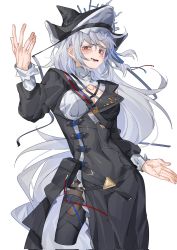 Rule 34 | 1girl, :d, arknights, bare shoulders, black headwear, black pantyhose, blush, breasts, cowboy shot, detached sleeves, hand up, highres, long hair, long sleeves, looking at viewer, molu stranger, open mouth, pantyhose, red eyes, shirt, silver hair, simple background, small breasts, smile, solo, specter (arknights), specter the unchained (arknights), thighs, very long hair, white shirt
