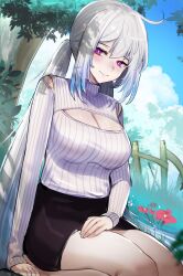 Rule 34 | 1girl, absurdres, ahoge, alternate costume, azur lane, black skirt, blue hair, blue sky, breasts, cleavage, cleavage cutout, closed mouth, clothing cutout, commentary, commission, enforcer iii harvest (azur lane), english commentary, fence, flower, gradient hair, hair between eyes, hand on own thigh, highres, large breasts, leaf, light blush, long hair, long sleeves, looking at viewer, low twintails, multicolored hair, outdoors, pencil, purple eyes, red flower, second-party source, seiza, siren (azur lane), sitting, skirt, sky, smile, solo, sweater, tree, twintails, white hair, white sweater, wooden fence, zeragoes