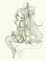 Rule 34 | 1girl, afterimage, arm support, barefoot, blush, bow, closed mouth, copyright request, from side, grey background, greyscale, hair bow, invisible chair, lap pillow invitation, long hair, looking at viewer, looking to the side, monochrome, neckerchief, parted bangs, pas (paxiti), patting lap, pleated skirt, ponytail, school uniform, serafuku, short sleeves, simple background, sitting, sketch, skirt, solo, spot color, very long hair