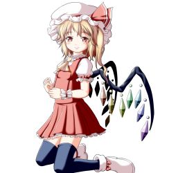 Rule 34 | 1girl, ankle boots, ascot, blonde hair, blue thighhighs, blush, boots, flandre scarlet, hat, hat ribbon, highres, kneeling, looking at viewer, mob cap, puffy short sleeves, puffy sleeves, red eyes, ribbon, sd-sos, short hair, short sleeves, side ponytail, simple background, skirt, skirt set, smile, solo, thighhighs, touhou, white background, wings, wrist cuffs