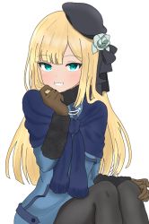 Rule 34 | 1girl, atsumisu, bad id, bad pixiv id, beret, black hat, black pantyhose, black ribbon, blonde hair, blue dress, blue eyes, blue flower, blue rose, blush, brown gloves, dress, fate/grand order, fate (series), feet out of frame, flower, fur-trimmed sleeves, fur trim, gloves, grin, hair flower, hair ornament, hand up, hat, long hair, looking at viewer, lord el-melloi ii case files, pantyhose, reines el-melloi archisorte, ribbon, rose, simple background, sitting, smile, solo, tilted headwear, very long hair, white background