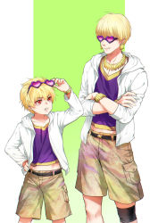 Rule 34 | 2boys, aged down, aged up, bad id, bad pixiv id, blonde hair, changye, child, child gilgamesh (fate), crossed arms, dual persona, earrings, eyewear on head, fate/grand order, fate/hollow ataraxia, fate (series), gilgamesh (fate), heart, heart-shaped eyewear, hood, hoodie, jewelry, male focus, midriff peek, multiple boys, necklace, red eyes, single leg warmer, sunglasses, v-neck, white hoodie