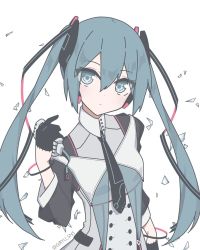 Rule 34 | 1girl, aqua eyes, aqua hair, bad id, bad twitter id, black gloves, black necktie, bracelet, commentary, expressionless, formal, giryu, gloves, grey suit, hair ornament, half gloves, hand in hand (vocaloid), hatsune miku, holding, holding microphone, jewelry, long hair, magical mirai (vocaloid), magical mirai miku, magical mirai miku (2015), microphone, necktie, solo, suit, twintails, twitter username, upper body, vocaloid, white background