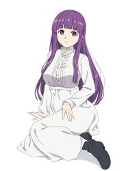 Rule 34 | 1girl, atsumi tomoya, black footwear, blunt bangs, breasts, closed mouth, commentary request, dress, expressionless, fern (sousou no frieren), frilled dress, frills, full body, highres, large breasts, long hair, long sleeves, looking at viewer, purple eyes, purple hair, sidelocks, simple background, sitting, solo, sousou no frieren, white background, white dress