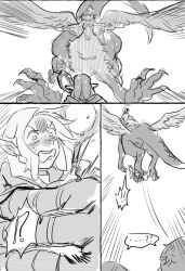 Rule 34 | 2boys, 2girls, ambrosia (dungeon meshi), braid, carrying, carrying person, chilchuck tims, chimera, choker, dungeon meshi, elf, falin touden, falin touden (chimera), feathered wings, flying, greyscale, highres, holding, holding staff, laios touden, long hair, marcille donato, milfcookiesimp, monochrome, multiple boys, multiple girls, pointy ears, short hair, sketch, staff, taur, wings