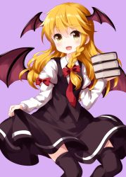 Rule 34 | 1girl, bat wings, black legwear, black skirt, black vest, blonde hair, book, bow, braid, collared shirt, cosplay, cowboy shot, hair between eyes, hair bow, highres, holding, holding book, holding clothes, holding skirt, juliet sleeves, kirisame marisa, koakuma, koakuma (cosplay), long hair, long sleeves, looking at viewer, multiple wings, necktie, open mouth, puffy sleeves, purple background, red bow, red necktie, ruu (tksymkw), shirt, side braid, simple background, single braid, skirt, smile, solo, standing, touhou, vest, white shirt, wings, yellow eyes
