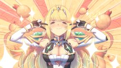 Rule 34 | 1girl, bare shoulders, blonde hair, breasts, cat with a brush, chest jewel, cleavage, cleavage cutout, clothing cutout, dress, earrings, elbow gloves, gloves, jewelry, large breasts, long hair, mythra (xenoblade), short dress, swept bangs, tiara, very long hair, white dress, white gloves, xenoblade chronicles (series), xenoblade chronicles 2, yellow eyes