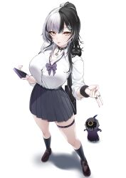 Rule 34 | 1girl, absurdres, alternate costume, alternate hairstyle, bag, black choker, black footwear, black hair, black scrunchie, black skirt, black socks, breasts, cellphone, choker, cleavage, commentary, fingernails, full body, grey hair, gyaru, gyaru v, highres, holding, holding phone, hololive, hololive english, lace-trimmed choker, lace trim, large breasts, long hair, looking at viewer, miniskirt, mintz912, multicolored hair, nail polish, novelites (shiori novella), parted bangs, phone, pleated skirt, ponytail, purple nails, school bag, school uniform, scrunchie, shiori novella, shirt, simple background, skirt, smartphone, socks, solo, split-color hair, standing, symbol-only commentary, thigh strap, tongue, tongue out, two-tone hair, v, virtual youtuber, white background, white hair, white shirt, wrist scrunchie, yellow eyes, yorick (shiori novella)