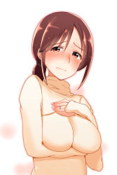 Rule 34 | 10s, 1girl, arito arayuru, bad id, bad pixiv id, blush, breast hold, breasts, brown eyes, brown hair, cleavage cutout, clothing cutout, covering privates, covering breasts, female focus, frown, highres, idolmaster, idolmaster cinderella girls, jewelry, long hair, long sleeves, looking at viewer, meme attire, mifune miyu, open-chest sweater, ponytail, ring, solo, sweater, turtleneck, wedding band