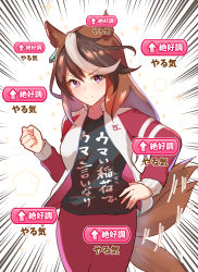 Rule 34 | 1girl, alternate costume, animal ears, arito arayuru, brown hair, clenched hand, commentary, earrings, emphasis lines, hand on own hip, highres, horse ears, horse tail, jacket, jewelry, motion lines, multicolored hair, open clothes, open jacket, pants, print shirt, pun, purple eyes, shirt, smug, solo, sparkle, symboli rudolf (umamusume), t-shirt, tail, tail wagging, track jacket, track pants, translation request, umamusume, white hair