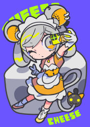 Rule 34 | 1girl, animal ears, apron, black choker, blue background, cellphone, cheese, chibi, choker, dress, ear piercing, english text, food, frilled dress, frills, highres, holding, holding phone, jewelry, looking at phone, maid, maid apron, maid headdress, mouse ears, mouse tail, necklace, one eye closed, orange dress, orange footwear, original, phone, piercing, puffy short sleeves, puffy sleeves, selfie, short sleeves, smartphone, solo, tail, tail ornament, terada tera, v, waist apron, white apron, white eyes, white hair