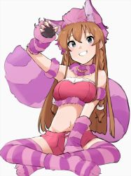 Rule 34 | animal ears, animal hands, bandeau, blue eyes, braid, breasts, brown hair, cat ears, cat tail, cheshire cat (alice in wonderland), commentary request, crossed legs, fingerless gloves, fur collar, gloves, grin, hair between eyes, idolmaster, idolmaster million live!, kakuanko, kousaka umi, long hair, medium breasts, midriff, navel, paw gloves, paw shoes, sitting, smile, solo, striped clothes, striped thighhighs, tail, thighhighs, white background, zettai ryouiki