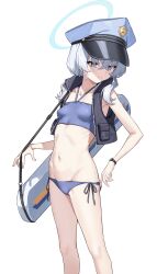 Rule 34 | 1girl, absurdres, bag, bikini, blue archive, blue bikini, breasts, commentary, controlline3, grey hair, halo, hat, highres, looking down, navel, peaked cap, petite, ribs, shoulder bag, side-tie bikini bottom, simple background, small breasts, solo, stomach, swimsuit, symbol-only commentary, valkyrie police academy student (blue archive), white background