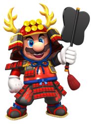 Rule 34 | 1boy, blue eyes, facial hair, fan, full body, gloves, grin, hat, horns, looking at viewer, male focus, mario, mario (series), mario kart, mario kart tour, mustache, nintendo, open mouth, promotional art, samurai, samurai clothes, samurai hat, samurai mario, smile, solo, super mario odyssey