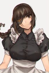 Rule 34 | 1girl, alternate costume, apron, bad id, bad twitter id, braid, breasts, brown eyes, brown hair, enmaided, eyepatch, girls&#039; frontline, highres, large breasts, light smile, m16a1 (girls&#039; frontline), maid, maid apron, scar, scar on face, solo, upper body, white background, xanax025