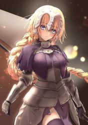 Rule 34 | 1girl, absurdres, aomaru (shta-chu-jisuiai), armor, armored dress, backlighting, blonde hair, blue eyes, blush, braid, braided ponytail, breasts, capelet, chain, closed mouth, collar, dress, expressionless, fate/apocrypha, fate/grand order, fate (series), faulds, flag, flagpole, floating hair, gauntlets, headpiece, highres, holding, holding flag, jeanne d&#039;arc (fate), jeanne d&#039;arc (ruler) (fate), large breasts, light particles, long hair, looking at viewer, metal collar, plackart, purple capelet, purple dress, resolution mismatch, revision, solo, source smaller, thighhighs, thighs, very long hair