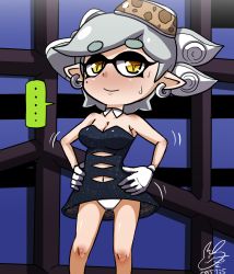 Rule 34 | + +, 10s, 1girl, 2015, black dress, blush, breasts, cleavage, dancing, dated, detached collar, dress, embarrassed, female focus, gloves, grey hair, hair rings, hands on own hips, inkling, large breasts, marie (splatoon), mole, mole under eye, navel, nintendo, no legwear, object on head, panties, pointy ears, short hair, smile, solo, splatoon (series), splatoon 1, strapless, strapless dress, symbol-shaped pupils, underwear, usa (dai9c carnival), white gloves, white panties, yellow eyes