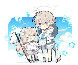 Rule 34 | 1boy, 1girl, arknights, blue jacket, blue shirt, blue sky, blush, border, bug, butterfly, butterfly hair ornament, cecelia (arknights), chibi, closed eyes, cloud, commentary, enforcer (arknights), enforcer (paper wing) (arknights), flower (symbol), grey hair, grey shorts, hair ornament, halo, holding net, insect, insect cage, itsuki 02, jacket, long hair, looking at another, looking up, official alternate costume, pointing, purple eyes, sandals, shirt, short hair, shorts, sidelocks, simple background, sky, smile, star (symbol), twitter username, white background, white footwear, white shirt, wings