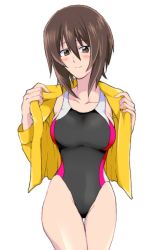 Rule 34 | 10s, 1girl, bad id, bad pixiv id, black one-piece swimsuit, blush, breasts, brown eyes, brown hair, closed mouth, competition swimsuit, cowboy shot, girls und panzer, highleg, highleg swimsuit, jacket, large breasts, light blush, long sleeves, looking at viewer, moekichi, nishizumi maho, no pants, one-piece swimsuit, open clothes, open jacket, opened by self, short hair, simple background, smile, solo, standing, swimsuit, thigh gap, thighs, white background, yellow jacket