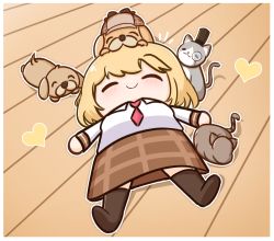 Rule 34 | 1girl, animal, brown skirt, brown thighhighs, bubba (watson amelia), cat, chibi, closed eyes, closed mouth, deerstalker, dog, full body, hat, heart, highres, hololive, hololive english, long sleeves, lying, monocle, moon ldl, necktie, on back, on floor, red necktie, short hair, skirt, smile, solo, thighhighs, top hat, virtual youtuber, watson amelia