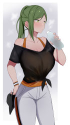 Rule 34 | 1girl, absurdres, black shirt, bottle, breasts, cleavage, commentary request, cowboy shot, green eyes, green hair, hat, highres, hiroyuki koto, holding, holding clothes, holding hat, idolmaster, idolmaster shiny colors, large breasts, long hair, looking afar, nanakusa hazuki, pants, ponytail, shirt, simple background, solo, steaming body, sweat, tented shirt, tied shirt, unworn hat, unworn headwear, water bottle