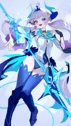 Rule 34 | + +, 1girl, :d, absurdres, ahoge, armor, bat wings, blue bow, blue eyes, blue horns, bow, chain, elsword, full body, greaves, highres, horns, leotard, light blush, long hair, looking at viewer, low twintails, luciela r. sourcream, noblesse (elsword), open mouth, pointy ears, ppower (lu power), short eyebrows, smile, solo, thighhighs, twintails, twitter username, very long hair, white hair, white leotard, wings