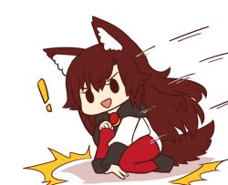 Rule 34 | !, 1girl, :d, animal ear fluff, animal ears, brown hair, chibi, dress, full body, hand on own knee, imaizumi kagerou, jumping, landing, long hair, long sleeves, looking at viewer, on one knee, open mouth, simple background, smile, solo, tail, touhou, triangle mouth, v-shaped eyebrows, very long hair, white background, wolf ears, wolf tail, wool (miwol)