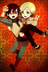 Rule 34 | 10s, 2boys, aged down, bad id, bad pixiv id, barnaby brooks jr., black hair, blonde hair, boots, brown eyes, carrying, child, domino mask, glasses, gradient background, green eyes, jacket, kaburagi t. kotetsu, koka, male focus, mask, multiple boys, necktie, paw pose, princess carry, red jacket, tiger &amp; bunny, time paradox, v, vest, waistcoat