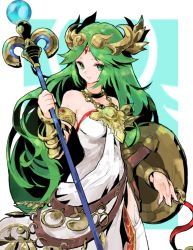 Rule 34 | 1girl, armlet, bare shoulders, bracelet, bracer, breasts, circlet, closed mouth, dress, gold, green eyes, green hair, holding, holding staff, jamir, jewelry, kid icarus, looking at viewer, medium breasts, neck ring, necklace, nintendo, palutena, shield, solo, staff, strapless, strapless dress, thighhighs, tiara, white dress, white thighhighs, zettai ryouiki