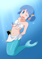 Rule 34 | blue background, book, breasts, highres, mermaid, monster girl, monsterification, morinaka hajime, naganohara mio, nichijou, one-piece swimsuit, one eye closed, open mouth, pen, small breasts, solo, swimsuit, underwater, white one-piece swimsuit