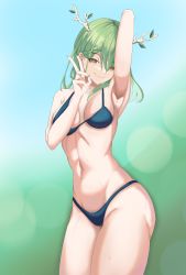 Rule 34 | 1girl, absurdres, antlers, arm over head, armpits, artist request, bikini, braid, branch, ceres fauna, green hair, head tilt, highres, hololive, hololive english, horns, leaf, looking at viewer, medium hair, muscular, muscular female, navel, smile, swimsuit, thighs, virtual youtuber, yellow eyes