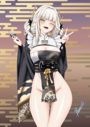 Rule 34 | 1girl, :d, absurdres, black kimono, black ribbon, blanc (nikke), blanc (white rabbit) (nikke), blunt bangs, breasts, floral print, goddess of victory: nikke, hair intakes, hair ornament, hair ribbon, high heels, highres, japanese clothes, kimono, large breasts, long hair, long sleeves, looking at viewer, official alternate costume, open mouth, ramiki (ramesgoag), ribbon, smile, solo, two-tone kimono, v, very long hair, white hair, white kimono, yellow eyes