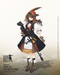 Rule 34 | 1girl, anti-materiel rifle, bird, black dress, bolt-action rifle, bolt action, boots, brown footwear, brown gloves, bullpup, buttons, character name, dress, falcon, falcon (girls&#039; frontline), full body, girls&#039; frontline, gloves, gun, hair between eyes, hair ornament, headband, highres, medium hair, muzzle device, official art, red headband, ribbon, rifle, shirt, sniper rifle, solo, weapon, white shirt, zvi falcon