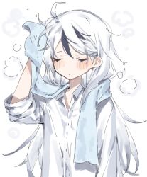 Rule 34 | 1boy, after bathing, ahoge, blush, closed eyes, closed mouth, hair down, hand up, library of ruina, long hair, long sleeves, maratang, multicolored hair, project moon, shirt, sleeves rolled up, solo, steam, streaked hair, towel, upper body, very long hair, wet, wet hair, white hair, white shirt, yan vismok