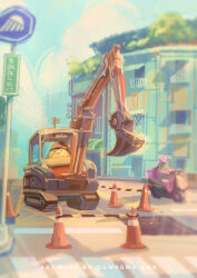 Rule 34 | 1other, absurdres, backhoe loader, balcony, blue sky, building, chinese commentary, cityscape, clip studio paint (medium), cloud, commentary request, construction, creature, crosswalk, day, gwagwagwa, hard hat, helmet, highres, moped, motor vehicle, original, outdoors, pixiv username, power lines, railing, road, road sign, scenery, shadow, sign, sky, street, traffic cone, utility pole, watermark