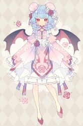 Rule 34 | 1girl, alternate costume, bat wings, blue hair, blush, bun cover, chinese clothes, closed mouth, collarbone, commentary, corrupted twitter file, dress, expressionless, flower, frilled sleeves, frills, full body, hair flower, hair ornament, highres, long sleeves, looking at viewer, nikorashi-ka, pink dress, red eyes, red flower, red footwear, red rose, remilia scarlet, rose, shoes, short hair, sleeves past fingers, sleeves past wrists, solo, touhou, white flower, white rose, wings
