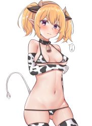 Rule 34 | ..., 1girl, absurdres, anger vein, animal collar, animal ears, animal print, arm behind back, bare shoulders, bell, bikini, blonde hair, blush, breasts, chloe (princess connect!), collar, commentary request, cow print, cow print bikini, cowbell, elbow gloves, fake animal ears, fake tail, gloves, hairband, highres, looking at viewer, medium breasts, micro bikini, muromachi atsushi, navel, paid reward available, patterned clothing, pointy ears, princess connect!, print bikini, purple eyes, short hair, solo, speech bubble, spoken anger vein, spoken ellipsis, standing, stomach, swimsuit, tail, thighhighs, twintails, v-shaped eyebrows, white background