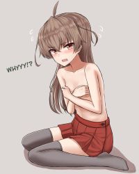 Rule 34 | 1girl, ahoge, blush, brown hair, collarbone, covering privates, covering chest, fang, flat chest, flying sweatdrops, full body, grey background, grey thighhighs, hair between eyes, hard-translated, highres, long hair, no shoes, open mouth, original, pleated skirt, red eyes, red skirt, simple background, sitting, skirt, solo, teardrop, tearing up, thighhighs, third-party edit, topless, translated, tsurime, very long hair, wariza, yakob labo, zettai ryouiki