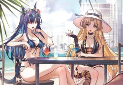 Rule 34 | 2girls, animal ear fluff, animal ears, arknights, bag charm, bare arms, bare legs, bare shoulders, bead necklace, beads, bikini, black choker, black gloves, black one-piece swimsuit, blonde hair, blue bikini, blue hair, blue sky, bracelet, breasts, building, casual one-piece swimsuit, center opening, ch&#039;en (arknights), ch&#039;en the holungday (arknights), ch&#039;en the holungday (elite ii) (arknights), chair, charm (object), choker, city, cleavage, clothes around waist, crossed legs, cup, day, dragon girl, dragon horns, dragon tail, drink, drinking glass, ears through headwear, elbow gloves, eyewear on head, fingerless gloves, food, fruit, gloves, green eyes, hat, horns, jewelry, lime (fruit), lime slice, long hair, medium breasts, multiple girls, necklace, official alternate costume, official art, one-piece swimsuit, open mouth, outdoors, palm tree, parted bangs, pouch, red eyes, sample watermark, single glove, sitting, sky, sun hat, swimsuit, swire (arknights), table, tail, tail ornament, tail ring, tiger ears, tiger girl, tiger tail, tree, umiu geso, v-shaped eyebrows, very long hair, water, watermark, white-framed eyewear, white headwear