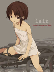 Rule 34 | 1990s (style), 1girl, brown eyes, brown hair, camisole, hair ornament, iwakura lain, serial experiments lain, solo, strap slip, tomsan