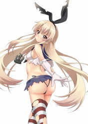 Rule 34 | 10s, 1girl, 7nanappe, ass, black panties, blonde hair, brown eyes, crop top, elbow gloves, from behind, gloves, hairband, highres, kantai collection, long hair, looking at viewer, looking back, panties, shimakaze (kancolle), striped clothes, striped thighhighs, thighhighs, thong, torn clothes, underwear, very long hair