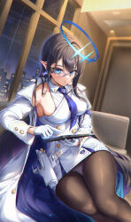Rule 34 | 1girl, absurdres, black hair, black pantyhose, blue archive, blue eyes, blue hair, blue halo, breasts, coat, colored inner hair, dress, earrings, feet out of frame, glasses, gloves, halo, highres, holding, holding tablet pc, indoors, jewelry, large breasts, long hair, long sleeves, looking at viewer, multicolored hair, norimori, open clothes, open coat, open mouth, pantyhose, pointy ears, rin (blue archive), sideboob, sleeveless, sleeveless dress, solo, tablet pc, white coat, white dress, white gloves