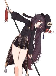 Rule 34 | 1girl, bebetang, black shorts, brown hair, genshin impact, hat, head tilt, highres, holding, holding weapon, hu tao (genshin impact), jewelry, long hair, long sleeves, looking at viewer, polearm, red eyes, ring, short shorts, shorts, simple background, solo, standing, symbol-shaped pupils, tailcoat, twintails, very long hair, weapon, white background