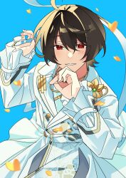 Rule 34 | 1boy, absurdres, black hair, blue background, blush, buttons, commentary, dot nose, ensemble stars!, fingernails, flower, gold necklace, heidbd, highres, jewelry, lapels, long sleeves, looking at viewer, male focus, necklace, notched lapels, red eyes, sakuma ritsu, short hair, solo