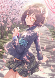 Rule 34 | armband, ayane (blue archive), black hair, blue archive, blush, cherry blossoms, glasses, hair ornament, halo, hirokazu (analysis-depth), id card, looking at viewer, looking back, petals, pointy ears, school uniform, short hair, smile, solo, yellow eyes